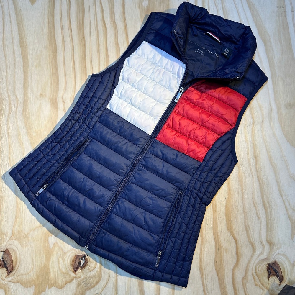 Tommy Hilfiger Womens Packable Lightweight Colorblock Quilted Puffer Vest Navy S